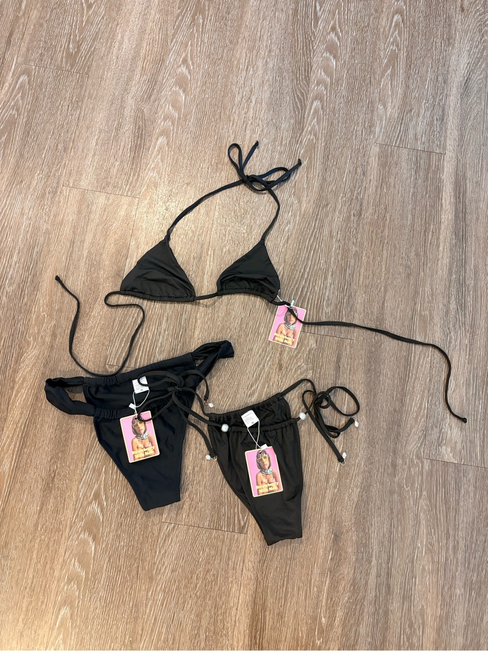 Strawberry Milk Mob Black Triangle String Bikini Set